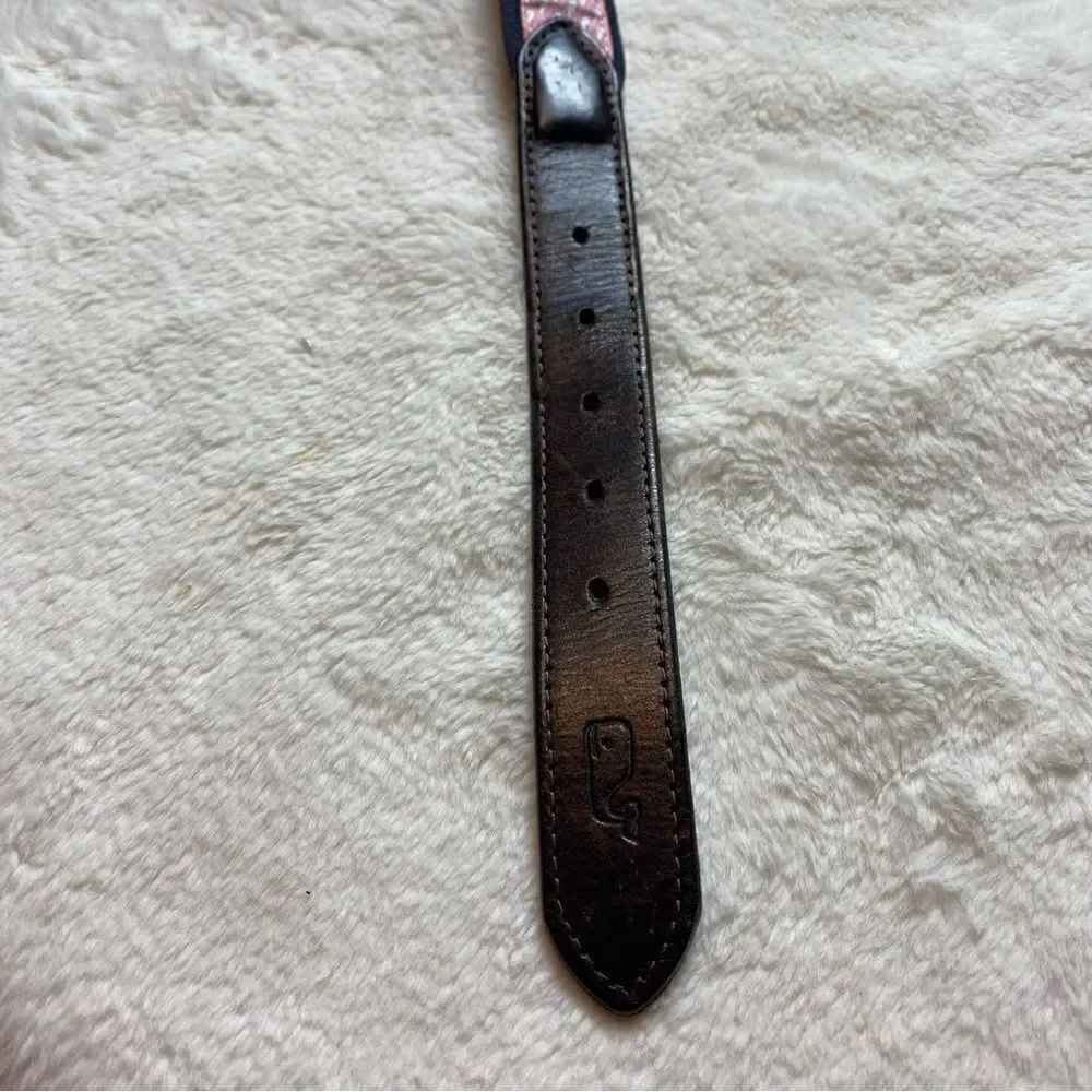 Vineyard Vines Pink Whale Fabric/Blue Woven Belt W/Brown Leather